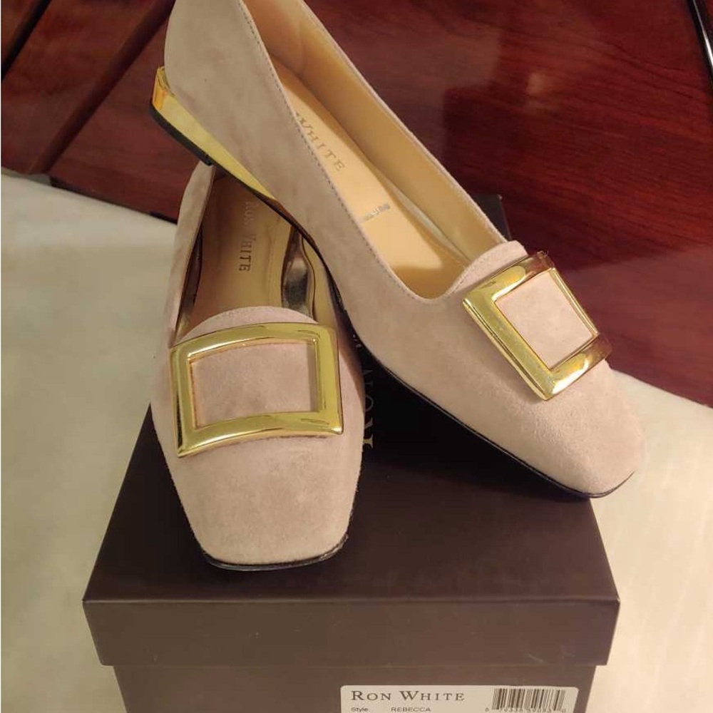 Ron white womens flats cashmere suede color dune weatherproof gold accent